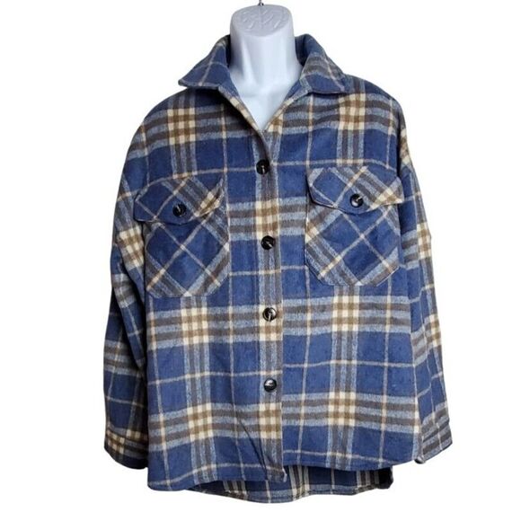 Timing Wool Blend Flannel Shirt Large Brown Blue Plaid Grunge Hipster Festival - Picture 1 of 8